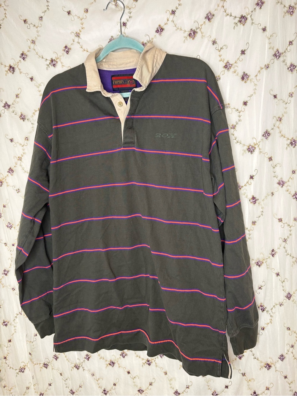 Men's Dark Gray Rugby Polo with Pink Stripes and Contrast Collar